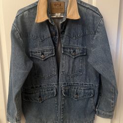 Vintage VTG Schaefer Outfitter Men's Denim Jacket w/ Leather Collar Size Large USA 