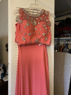 Fancy 2 Piece Peach Cocktail Dress Top And Waistline Worked Up With Iridescent Stone Just Beautiful