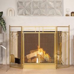 48" Fireplace Screen 3-Panel Folding Magnetic Doors with 4-Pieces Fire Place Tools Set Steel Fire Spark Guard, Gold

