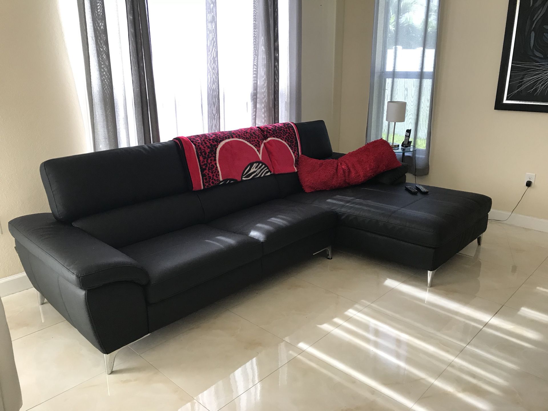Modern Black leather sofa with chaise