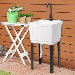 Sink Laundry Tub for Washing Room, Freestanding Utility Sink with Stainless Steel Faucet, (White, 19.7"W x 18.9"D x 33"H)