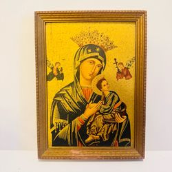 Vintage Small Framed Religious Art Print Lady Of Perpetual Help 1930s