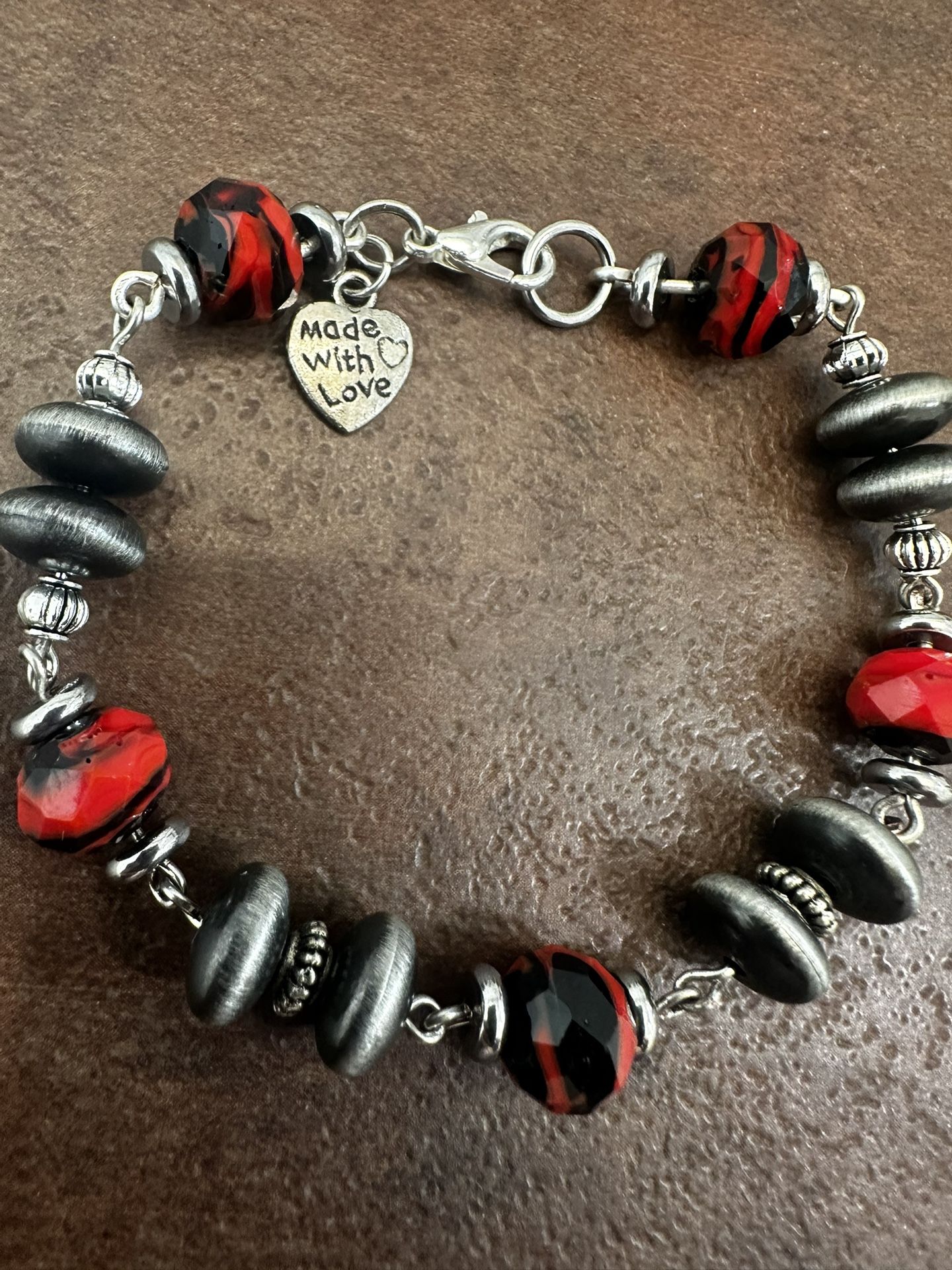 Red and Black Murano Glass Beaded Bracelet with Heart Charm