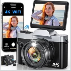 4K Digital Camera for Photography, WiFi 64MP Autofocus Vlogging Camera for YouTube, 3" 180° Flip Screen, 16X Zoom Antishake Compact Point and Shoot Tr