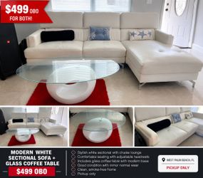 Modern White Sectional Sofa + Glass Coffee Table