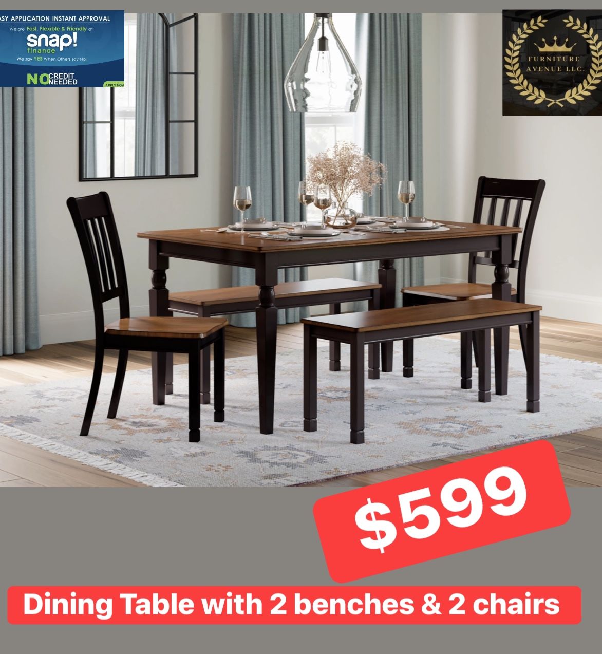 Dining Table With 2 Chairs & 2 Benches 