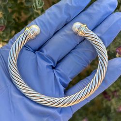 David Yurman 925 Sterling 14k Gold 7mm Cable Pearl Cuff Bracelet
