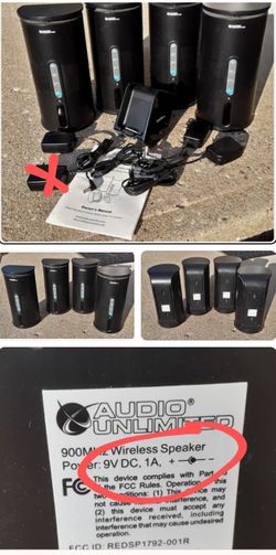 Up for sale is a Set of 4 Audio Unlimited 900MHz Indoor Outdoor Wireless Speakers - 1 Wireless Battery Operated Transmitter - 4 Power Supplies for Spe