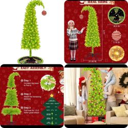 Grinchs Christmas Tree 6FT, Whimsical Bendable Artificial Tree, Lime Green Design with Tree Skirt & Red Ball Ornament, Christmas Decoratio