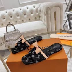 LV Bow Flat Heel Slippers Denim Black