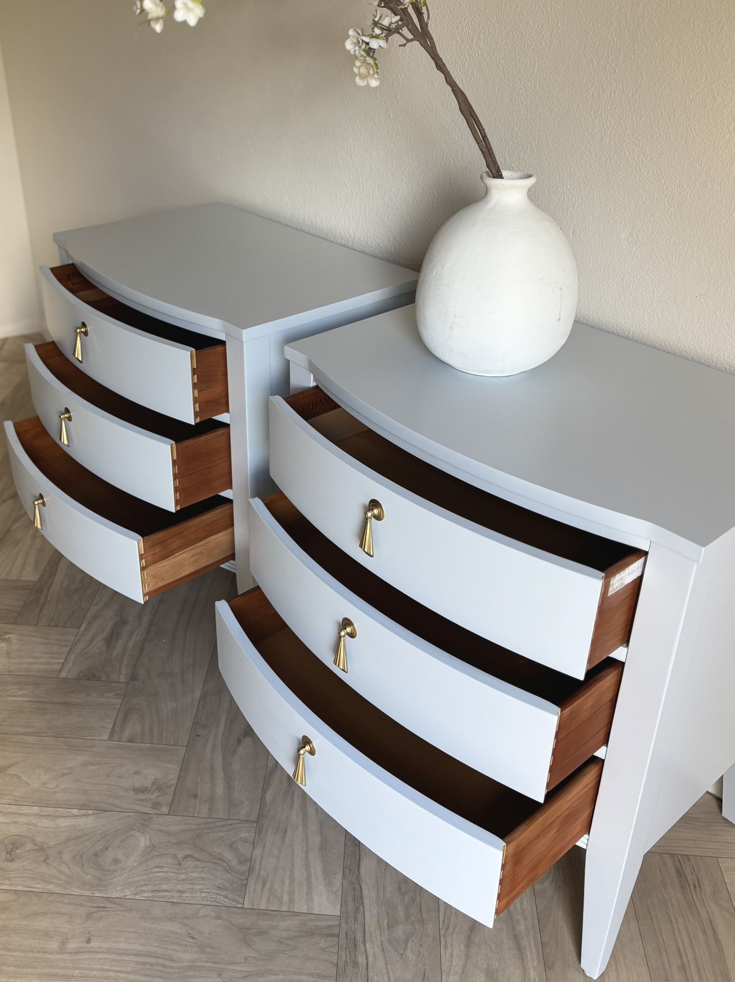 Nightstands/ Solid Wood/ Light Coastal Blue/Ethan Allen Furniture/End Tables/ Bedside Tables/Side Tables/ MCM/Mid Century Modern