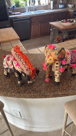 Vintage Indian embroidered patchwork elephants set of two handmade