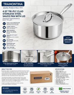 Tramontina Tri-Ply Clad 4 Qt Stainless Steel Sauce Pan w/ Lid Induction New
