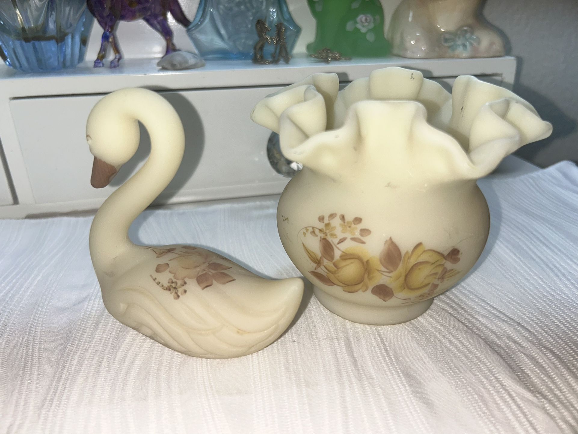 Vintage Fenton Custard Floral Swan & Ruffle Vase Set *Signed*