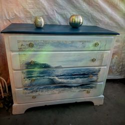 Beautiful Wooden Dresser With Four Long Drawers Colors White ,blue,beige Design Looks Very Beautiful!