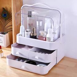 Makeup Organizer Holder Cosmetic Storage Box with Dust Free Cover Portable Grey
