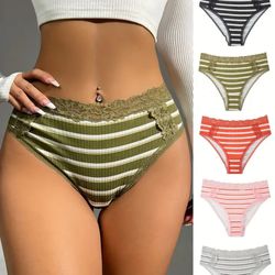 Cotton Bikinis for Women with Lace Drop Waist, Striped Pattern 5-Pack
