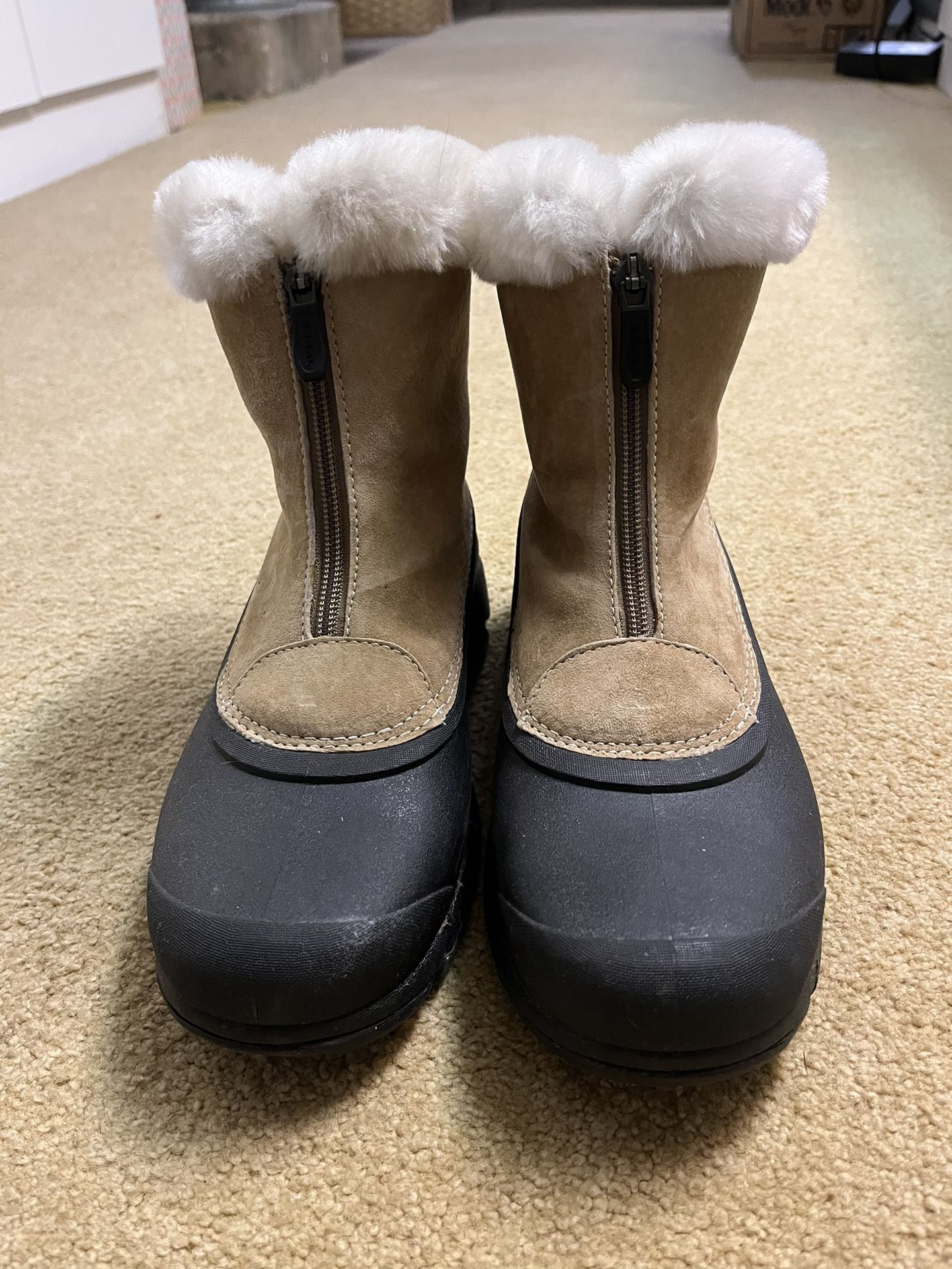 Sorel Snow Angel Zip Tan Suede Faux Fur Lining Ankle Winter Boots Womens 7.5