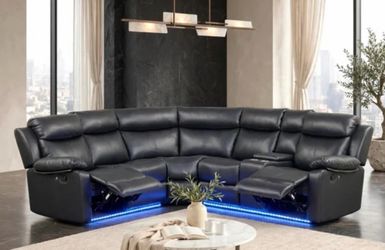 Black Leather Reclining Sectional Sofa with LED Lights