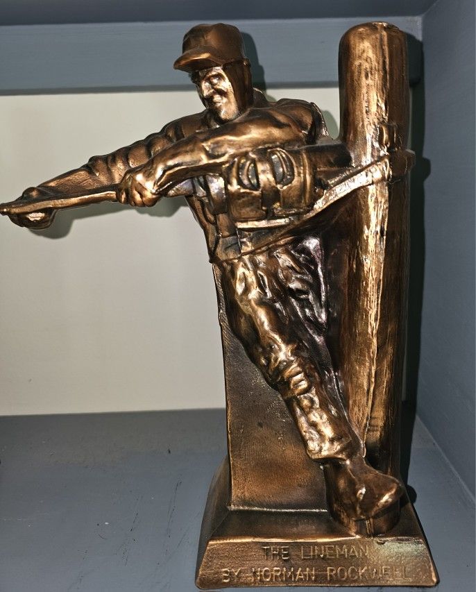Vintage 10" Copper Statues AT&T Norman Rockwell 'The Linemen' Book Ends