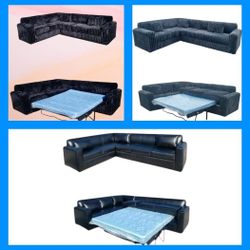 BRAND NEW 7X9FT AND 9X5.5FT SECTIONAL SOFA CHAISE WITH SLEEPER, BLACK LEATHER, CUSTOM MADE AVAILABLE 