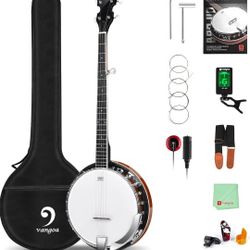 Vangoa LEFT-HANDED Banjo 5 String Mahogany Open Back Banjo with Resonator, Remo Drum Head, Geared 5th String Beginner Kit with Manual, Full Size

