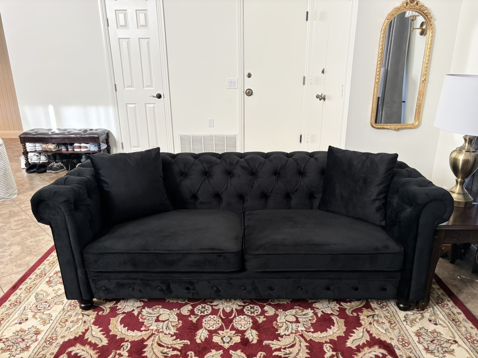 Black Velvet Chesterfield Couch (with matching throw pillows)
