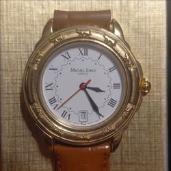 Michel Jordi Geneve Gold Plated Quartz Watch Roman Numerals Brown Leather Strap