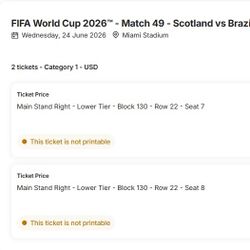 FIFA World Cup 2026-Match 49 - Scotland vs Brazil. Miami June 24th 2 Tickets 