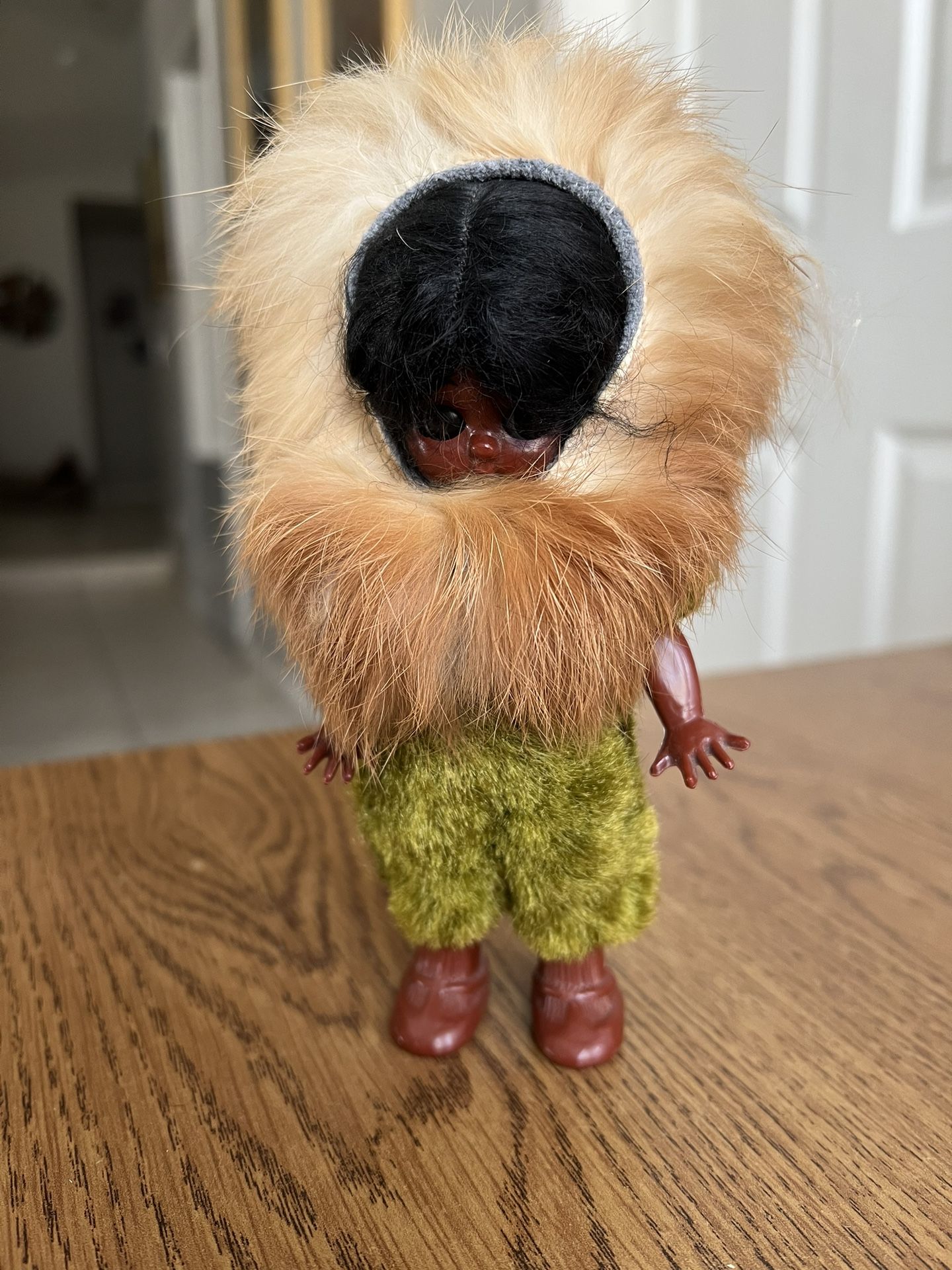 Vintage Carlson Native American Celluloid 6.5” Doll with Fur Sleepy Eyes