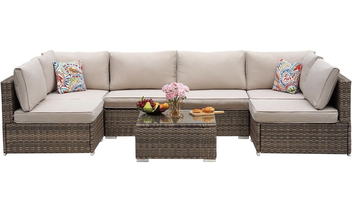 Assembled New 7 Pieces Patio Furniture Set - All-Weather Outdoor Wicker Sectional Conversation Sofa, Rattan Patio Seating Sofa Set