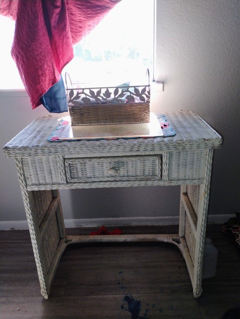 White Wicker Dresser W/ Mirror And Matching Desk