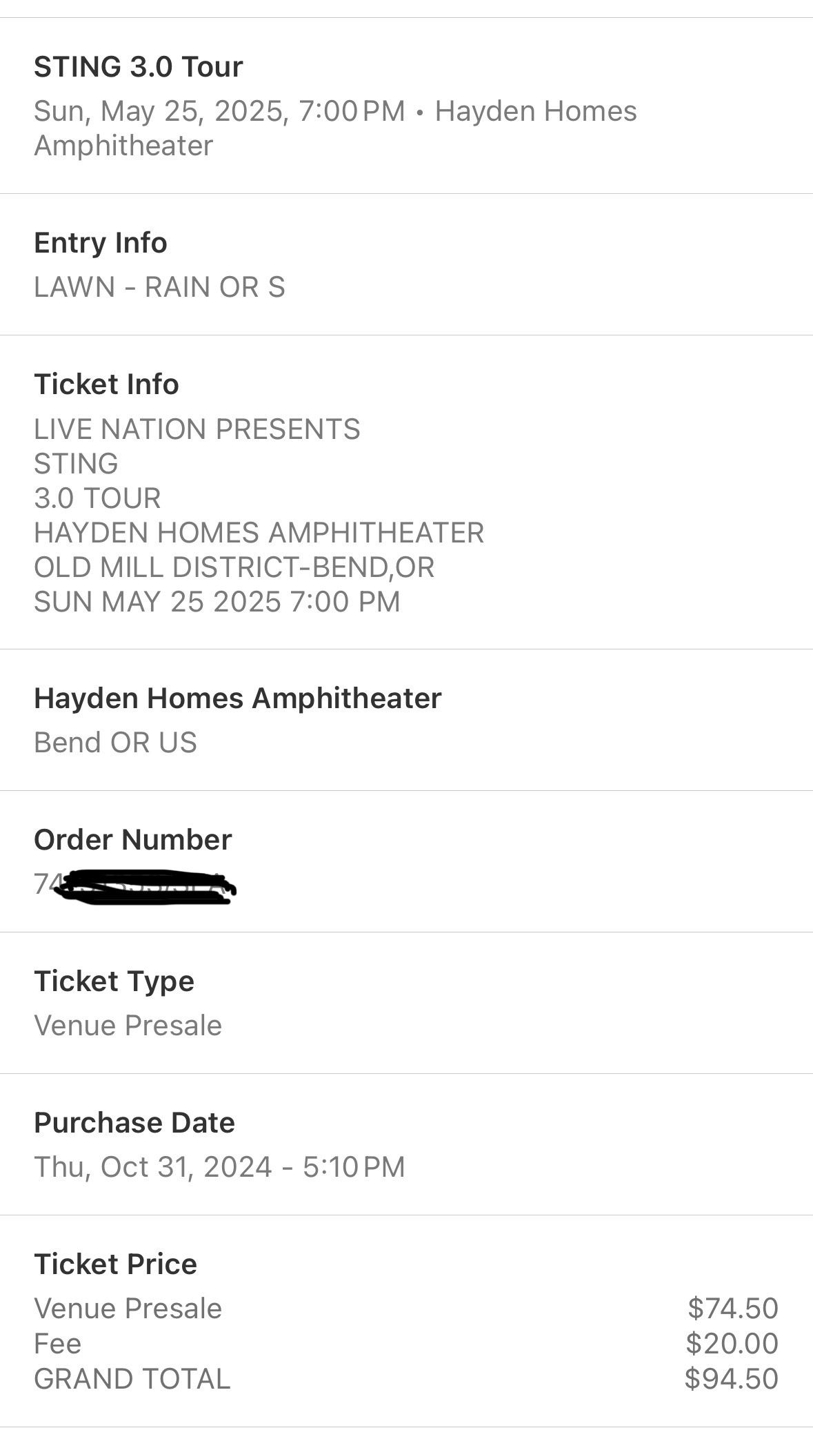 Sting (2) GA Tickets, Sunday 5/25 -$100
