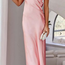 Solid Satin Folded Over Bust Maxi Dress In Pink