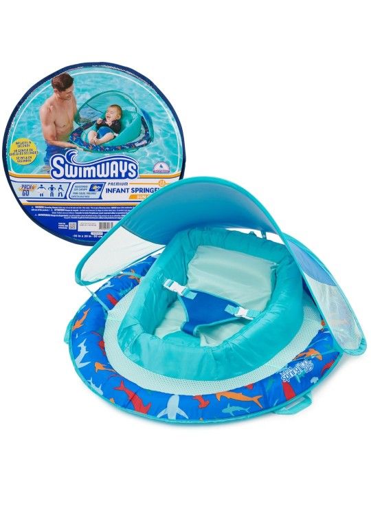 Swimways Infant Spring Float, Baby Pool Float with Canopy & UPF Protection, Swimming Pool Accessories for Kids 3-9 Months, Shark