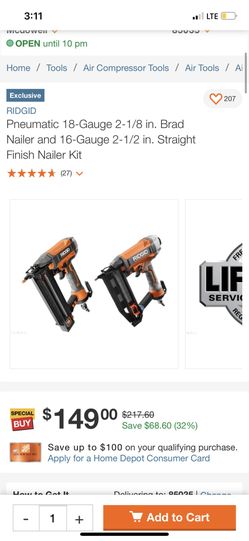 RIDGID Pneumatic 18-Gauge 2-1/8 in. Brad Nailer and 16-Gauge 2-1/2 in. Straight Finish Nailer Kit