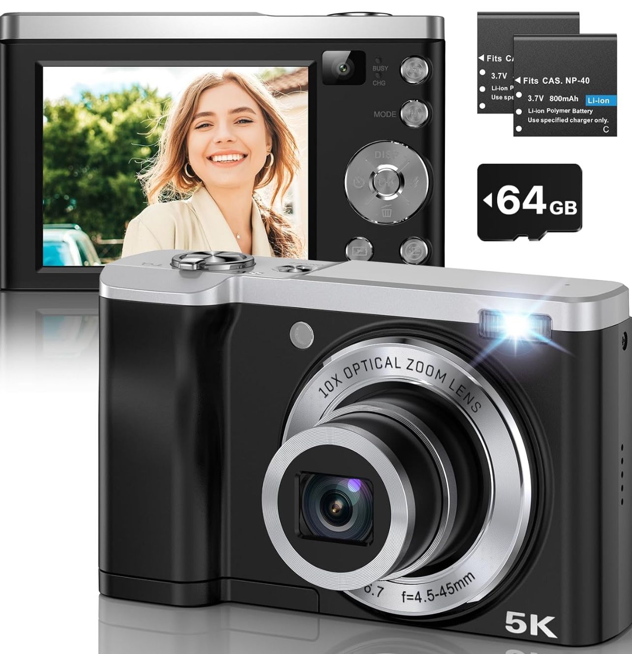56MP 5K Digital Camera 10X Optical Zoom, Front and Rear Dual Cameras with 2.8" IPS Touch Screen, Video Vlogging Cameras for Photography with 64G Micro