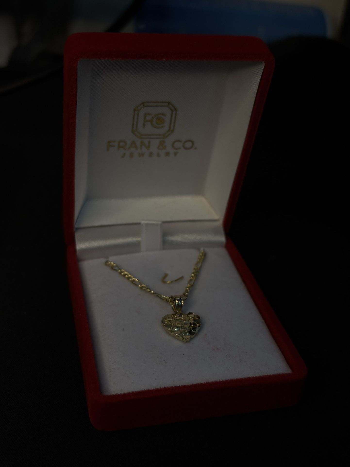 14k Solid Gold Yellow Nugget Heart Pendant Necklace Figaro Chain - Small