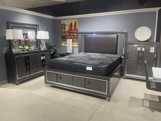 Grey LED Storage Bedroom Set - 4 Pc Queen Set