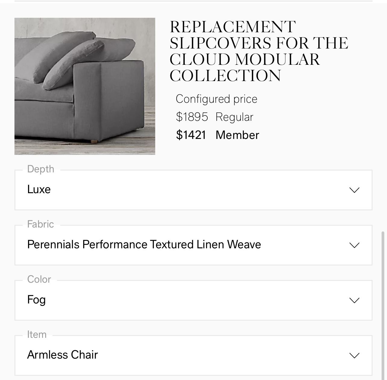 Restoration Hardware Slipcover for Cloud Couch Armless Chair