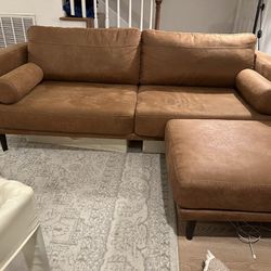 Brown Caramel Faux Leather Couch With Ottoman