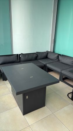 Aluminum Frame Patio Furniture Set with Fireplace, 9 Piece Oversized Modular Outdoor Sectional Sofa, 29" Deep Wide Seating, Modern L Shaped Conversati