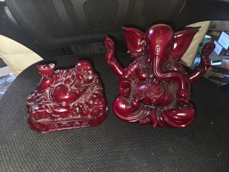 Red Resin Buddha and Ganesha Figurine Set