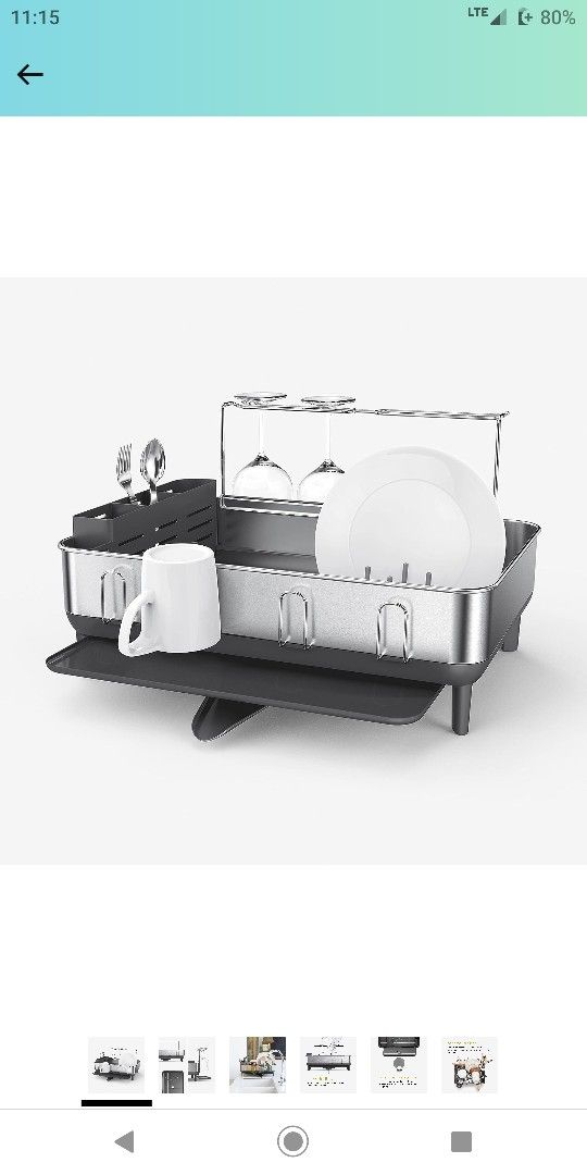Simplehuman Kitchen Dish Drying Rack with Swivel Spout, Fingerprint-Proof Stainless Steel Frame, Grey Plastic