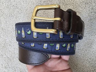 Vineyard Vines Men's Belt Size 38 Beer Bottles Limes Canvas Leather Brass USA
