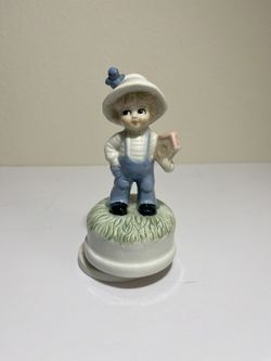 Vintage Porcelain Music Box Rotating Young Boy With Blue Bird 7” Tall