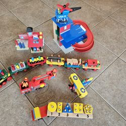 Large Wooden Learning Set Train Plane Auto Helo Semi 