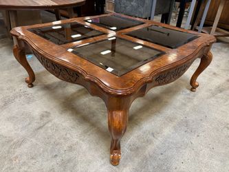 Vintage Wooden Provincial Style Square Coffee Table with Smokey Glass Inserts