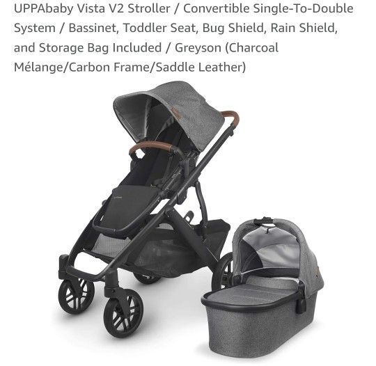 UPPAbaby Vista V2 Stroller / Convertible Single-To-Double System / Bassinet, Toddler Seat, Bug Shield, Rain Shield, and Storage Bag Included