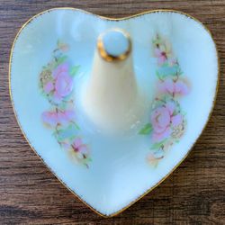 Vintage Porcelain Heart Shape Pink Flowers And Gold Trim Ring Holder